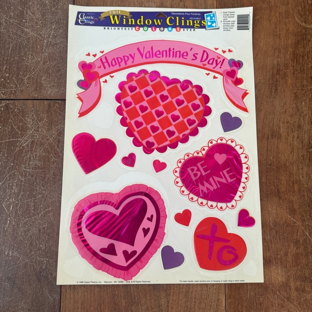 Vintage‎ 1998 Foil Valentine Window Clings Hearts Be Mine XO 17x12